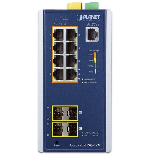 Conmutador Planet IGS-5225-8P4S-12V 8x 1Gb 4x SFP 240 W PoE+